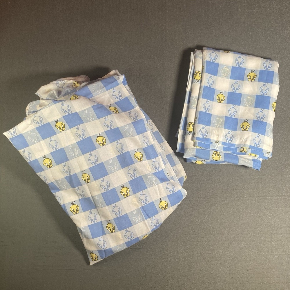 90's Vintage Tweety Bird Twin Flat & Fitted Sheet Blue White & Yellow Bibb Co,